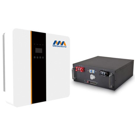Megarevo 5kW hibrid inverter + Lithium Solar 5kWh (51.2V 100Ah) LiFePo4 használatra kész energiatároló rendszer rack kialakítású akkumulátorral.